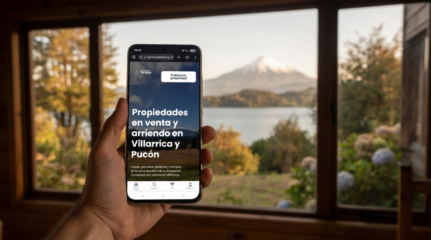 Sitio de Terra Propiedades visto en un celular, frente a un ventanal con vista al lago y al volcán